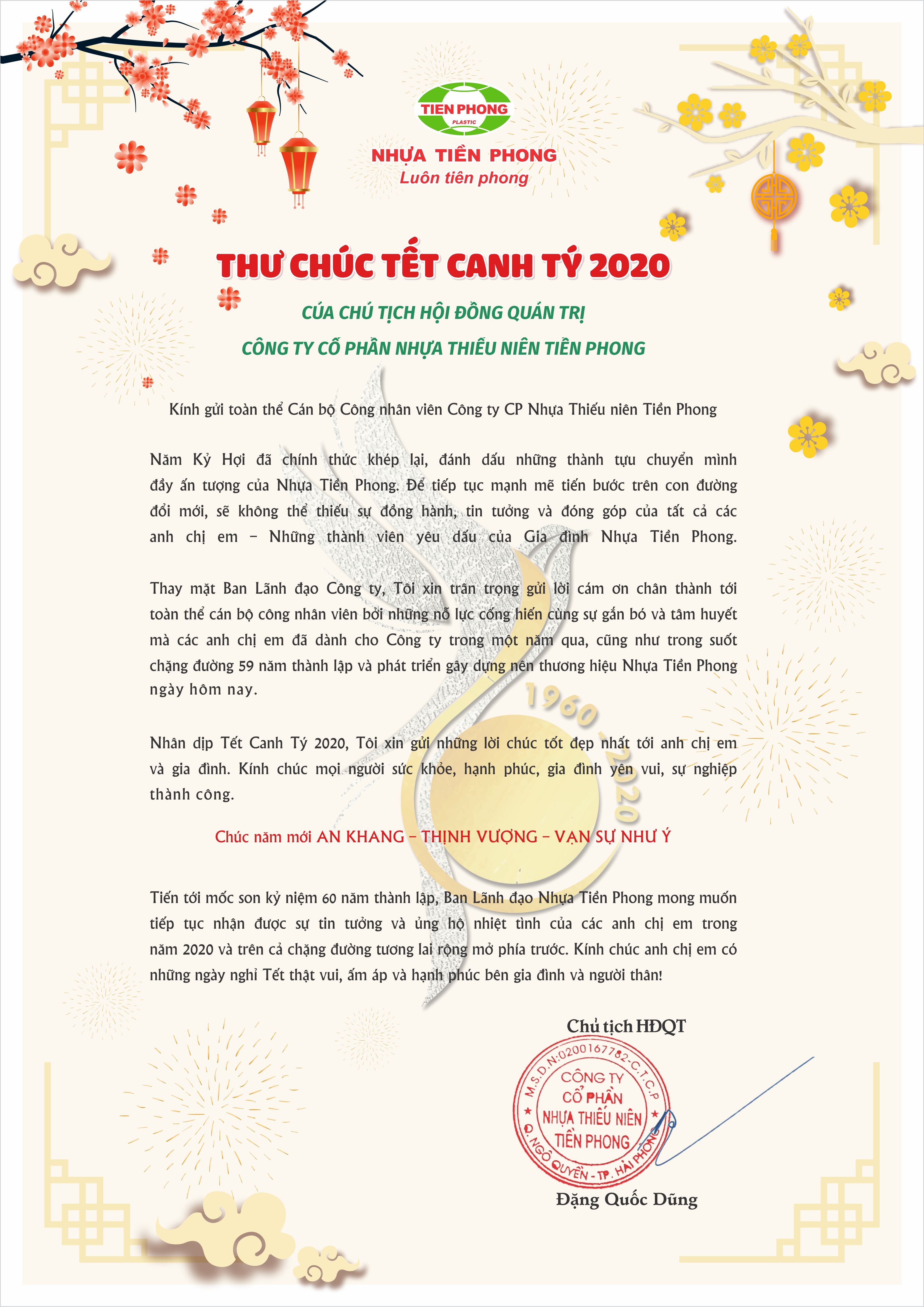 Thư chúc Tết Canh Tý 2020 gửi CBCNV Nhựa Tiền Phong